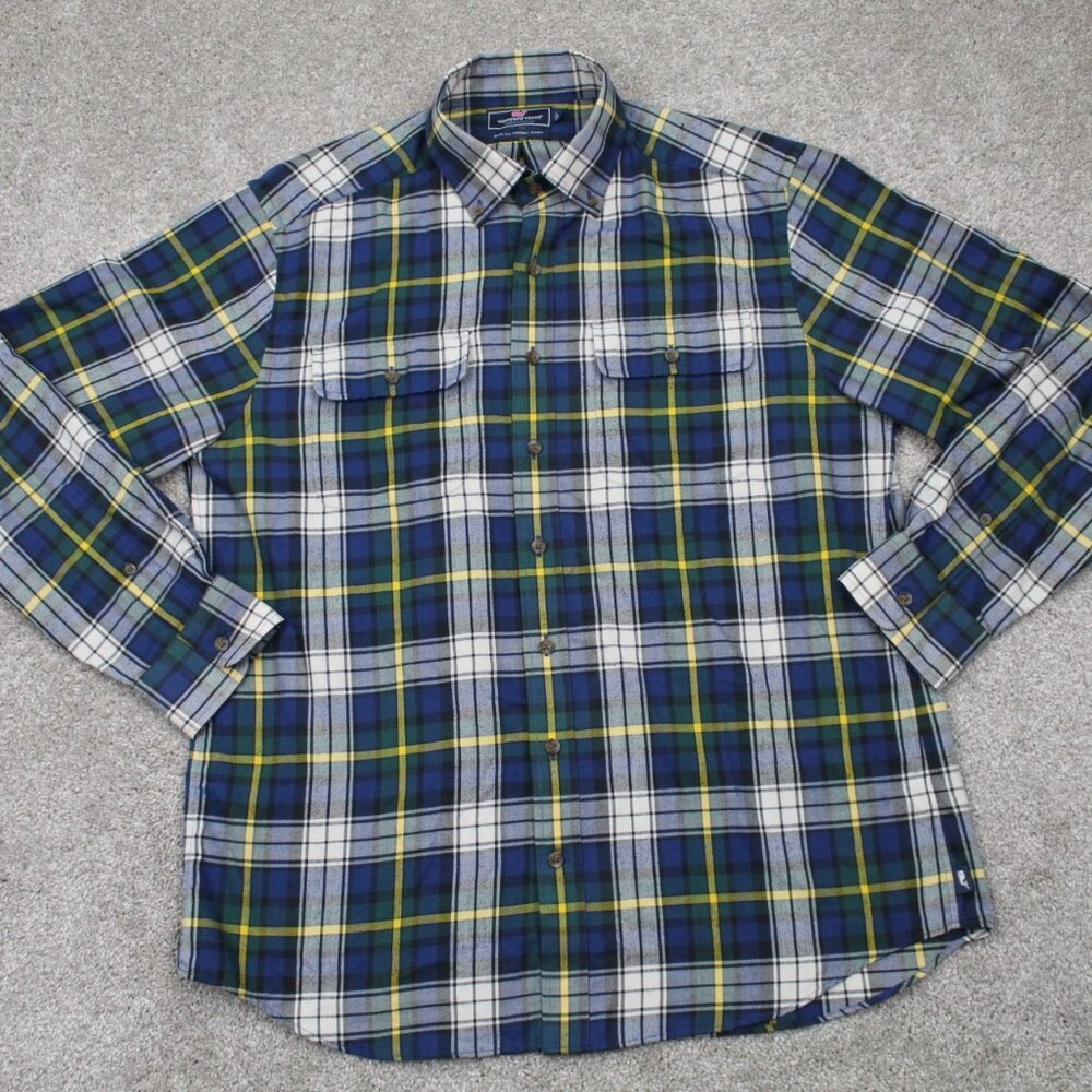 Vineyard Vines Performance Shirt Men Large Blue/Yellow/White Slim Fit Crosby L/S
